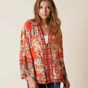 Free People Kimono Zip Up Dolman Sleeve Orange Wildflower Satin Jacket M L